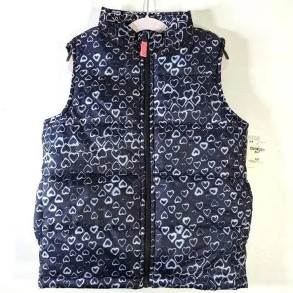 NWT Oshkosh B'gosh Girls Puffer Vest Zip-Front Heart Print Winter Vest 6X, 14 Y - Picture 2 of 4